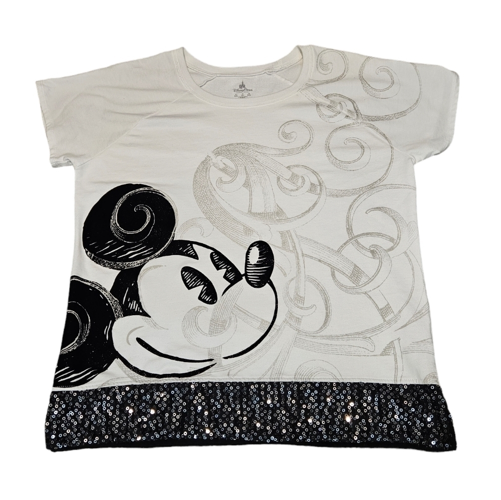 Disney White & Black Mickey Mouse Graphic Tee-Shirt Sequins Size XL Women's P4